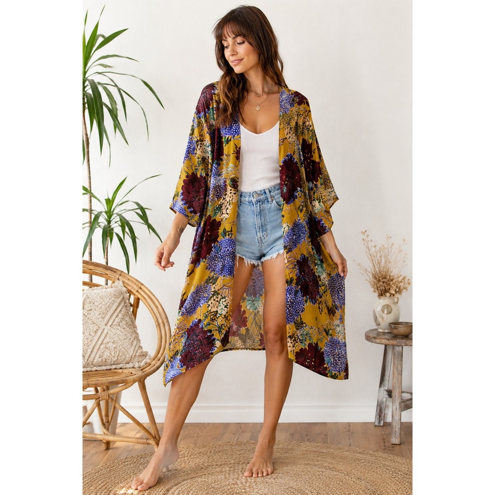 Floreat x Anthropologie Aurelia Velvet Burnout Floral Kimono O/S Hippie Boho Top - Picture 1 of 16